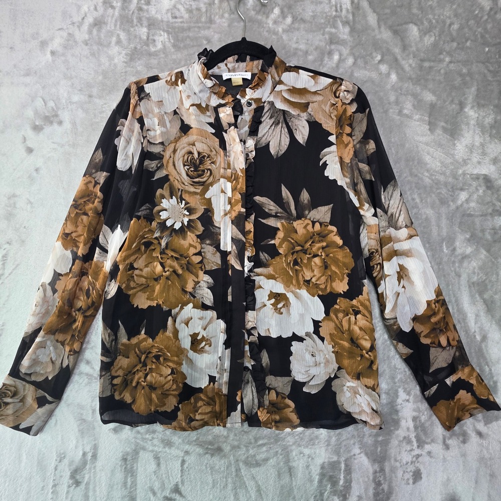 Calvin Klein Floral Ruffle Chiffon Blouse Black Brown XS Long Sleeve Button Down